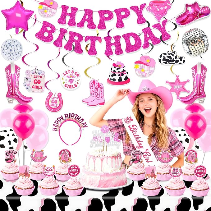 Cowgirl Birthday Party Decorations, Disco Cowgirl Party Supplies with Happy Birthday Banner, Hangang Swir, Latex Balloons, Cake & Cupcake Toppers, Tablecloth for Girls birthday Decor
