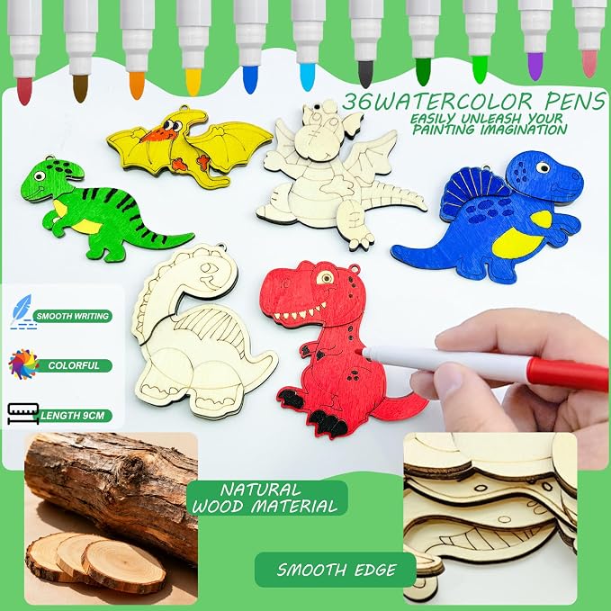12 Pack Dinosaur Party Favors, Wooden Painting Kit Art and Crafts for Kids Dino Painting Toys Birthday Party Return Gifts Goodie Bag Filler Pinata Stuffer Classroom Prizes Wood Keychain Paintable Kit