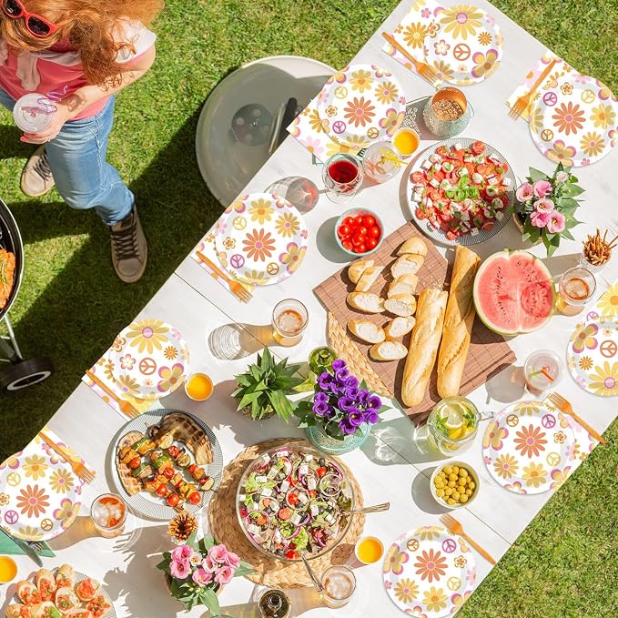 ZOIIWA 200 PCS Groovy Birthday Tableware Disposable Hippie Daisy Flower Plates Napkins Party Supplies 60s 70s Two Retro Boho Dinnerware Set Hippie Party Baby Shower Decoration Serve 50 guest