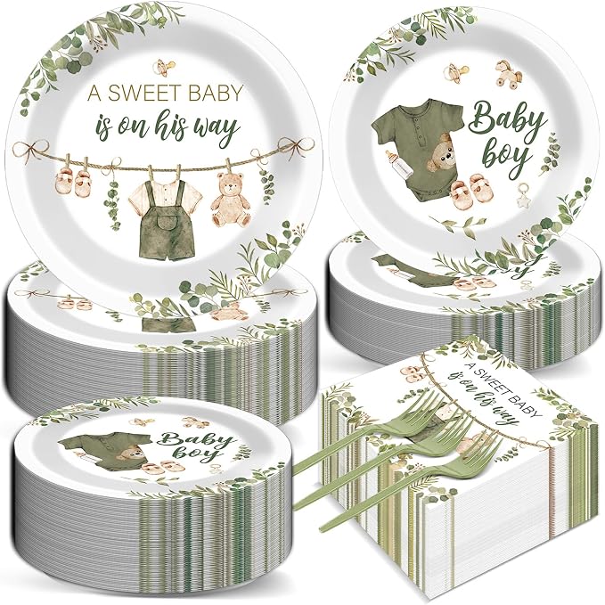 200Pcs Greenery Baby Shower Plates and Napkins Decoration Sage Green Party Tableware Dinnerware Set A Sweet Baby Is On His Way Paper Plates for Baby Gender Reveal Party Supplies Serves 50