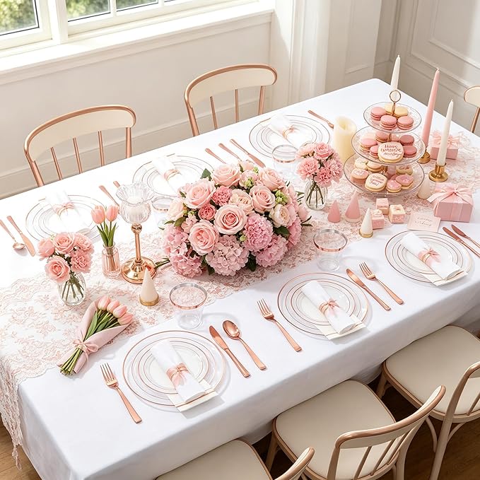 GATHER 350PCS Rose Gold Plastic Plates - Disposable Rose Gold Dinnerware Includes 100 Clear Rose Golds Rimmed Plastic Plates, 150 Silverware, 50 Napkins, 50 Cups for Party, Wedding, Mother's Day