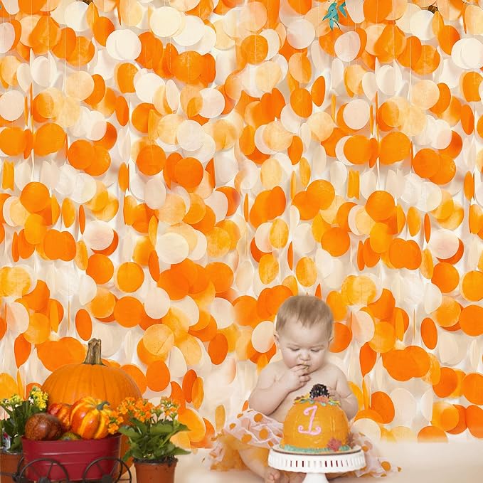 205 Ft Orange Party Decorations Big Circle Dots Backdrop Garland Ombre Orange Tissue Paper Polka Dot Hanging Streamer for Birthday Engagement Wedding Fall Autumn Thanksgiving Harvest Party Supplies
