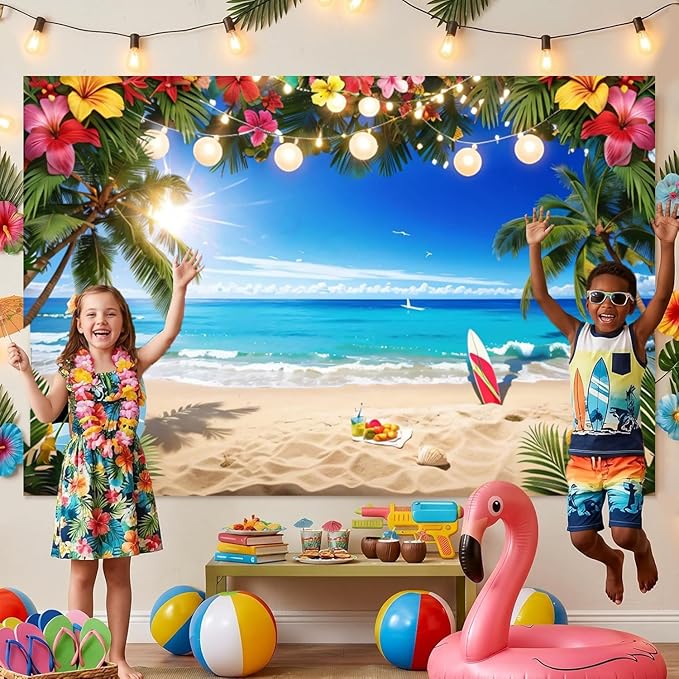 10x8ft Summer Beach Hawaiian Backdrop Tropical Palm Flower Seaside Scenery Hawaiian Photography Background Luau Party Decorations Backdrops Banner Studio Photo Booth Props