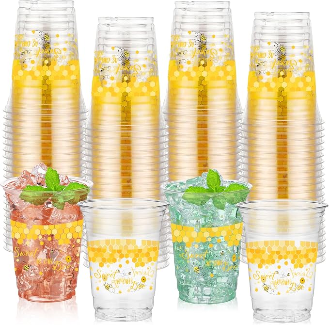 100 Pcs Bee Party Decoration Cups, 16 oz Clear Disposable Honeybee Cups, First Bee Day Theme Party Supplies for Spring Summer Birthday Baby Shower Beverage Snacks