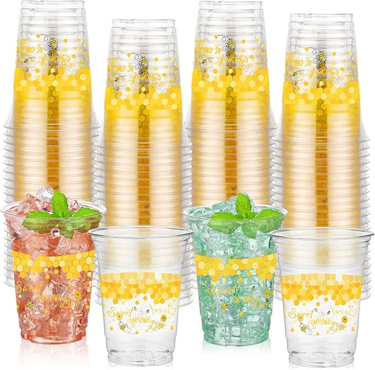 100 Pcs Bee Party Decoration Cups, 16 oz Clear Disposable Honeybee Cups, First Bee Day Theme Party Supplies for Spring Summer Birthday Baby Shower Beverage Snacks