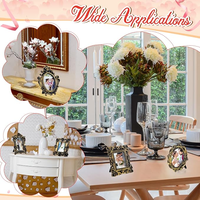 Maitys 15 Pcs Mini Picture Vintage Frames with Stands Tiny Antique Photo Baroque Ornate Resin Oval Frame Table Top Display Home Wedding Decor (Black Gold)