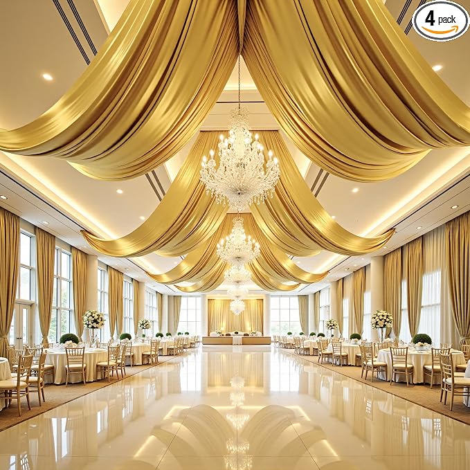 gogoparti 20x20FT Gold Shimmer Backdrop Curtains for Weddings Parties - 4 Panels of Extra Long 5x20FT Drapes, Includes Dual Pole Pockets, Wrinkle-Free Fabric for Party, Photo Booth & Tent Decoration