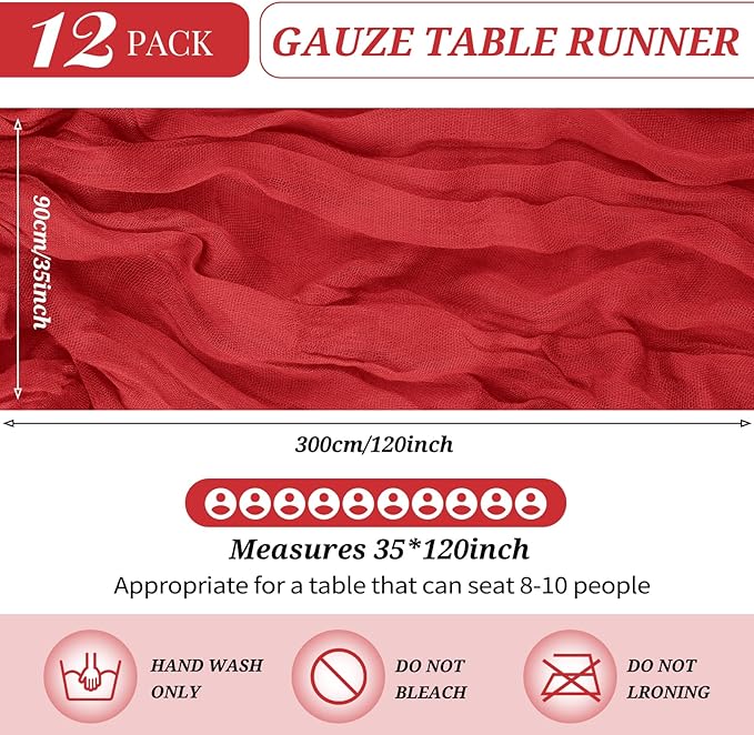 12 Pack Cheesecloth Table Runner 35 x 120 inch Long Boho Cheese Cloth Gauze Table Runners Semi Sheer Table Runner for Wedding Decor, Bridal Shower, Birthday Party (Red)