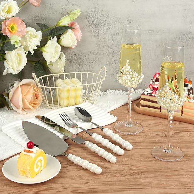 8 PCS Wedding Cake Knife and Champagne Flutes Server Set, Mr and Mrs Champagne Flutes with 2 Forks and 2 Spoons,Bride and Groom Champagne Glasses for Wedding, Engaggement and Bridal Shower Gifts