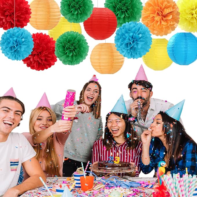 Rainbow Colorful Party-Decorations Paper-Flowers - 15pcs Welcome Back to School Tissue Pom Poms Lanterns Streamers,Carnival Video Game Kids Birthday Graduation Baby Shower Hanging Supplies Hugfond