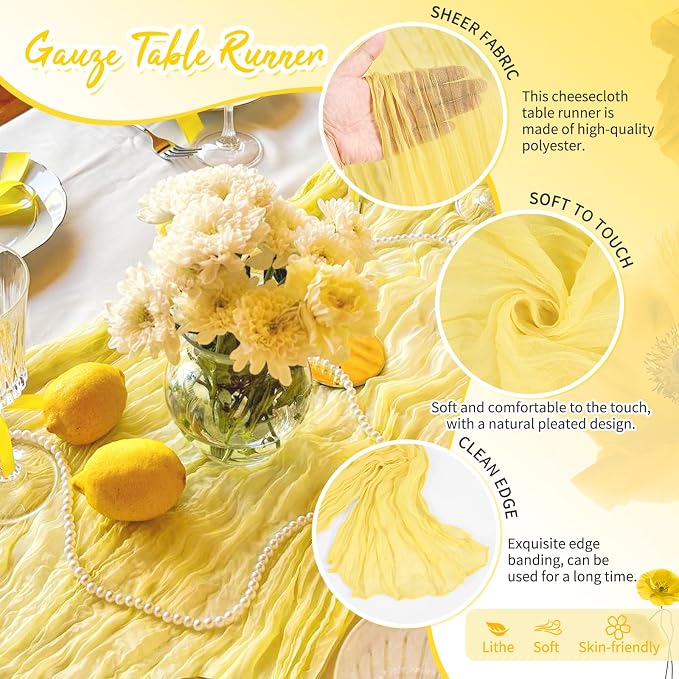 4 Pack Light Yellow Cheesecloth Table Runner 17 x 108 inch Boho Gauze Table Runner Rustic Sheer Cheese Cloth Table Decorations for Wedding Party Baby Bridal Shower Birthday Holiday Home