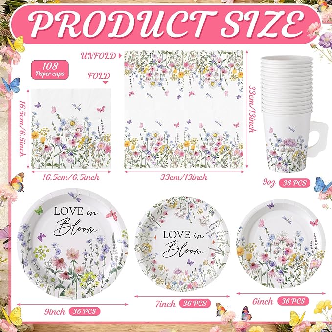 Pickmesh 252 Pcs Love in Bloom Tea Party Supplies for 36 Guests Wildflower Paper Disposable Dinnerware Flower Teacup with Handle and Saucers Set for Tea Party Decorations Birthday Baby Shower Wedding