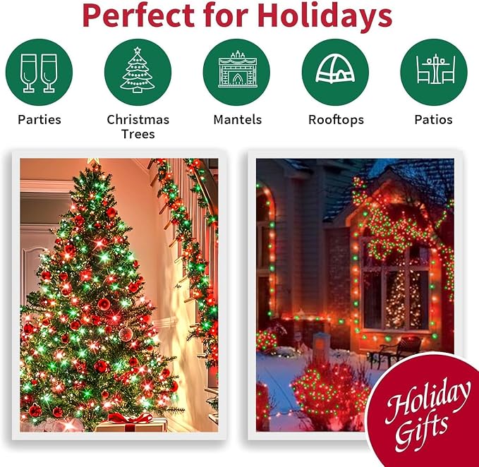 LAMPHOME Red and Green Christmas String Lights, 500 LED 99 FT Connectable Waterproof String Lights Green Wire with16 Modes, Xmas Vintage Decorations for Indoor Outdoor Party Yard Garden Decor
