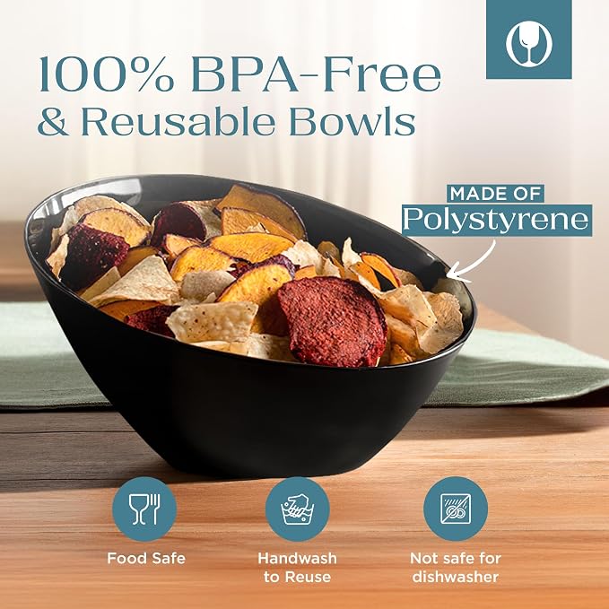 Posh Setting - Black Plastic Serving Bowls for Party Angled Bowls Disposable Chip Bowls Candy Bowls for Party Table Salad and Fruit Bowls for Wedding Serving Bowls-Black, 20 OZ, 5 Pack