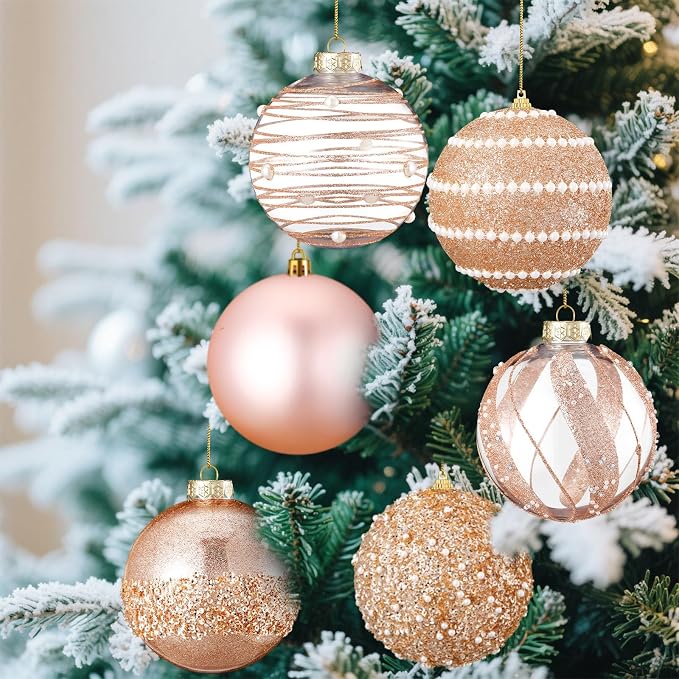 Lyrow 12 Pcs 4 inch Christmas Balls Ornaments Glitter Shatterproof Christmas Decorations Tree Balls Sparkly Holiday Ornaments Bulk for Xmas Trees(Rose Gold)