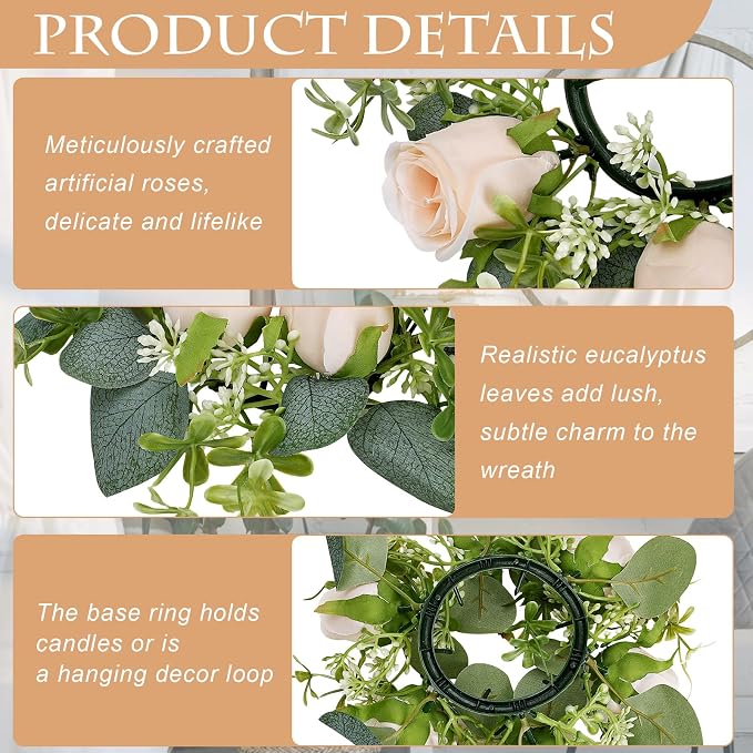 Artificial Flowers Candle Rings, 2 Sets Roses Rings Wreaths with LED Flameless Candles Artificial Eucalyptus Leaves for for Tables Chairs Valentine's Day Wedding Banquet Decor - Champagne