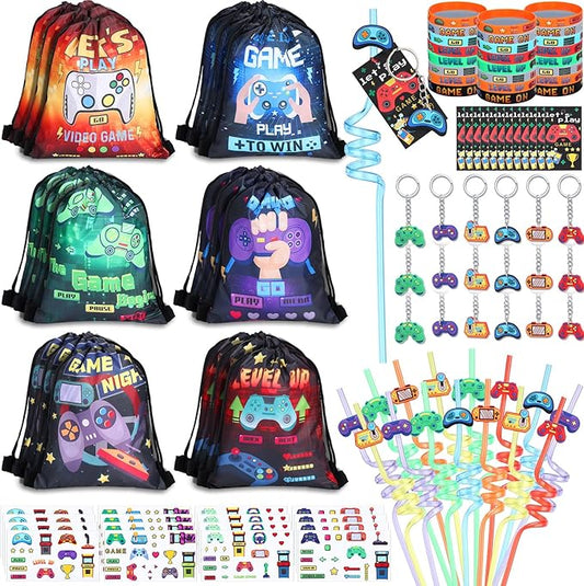 LemonRoad 109 Pcs Classic Video Party Favors Set Birthday Supplies Includes Drawstring Bags Keychains Bracelets Stickers Straws Tags for Classic Video Theme Party
