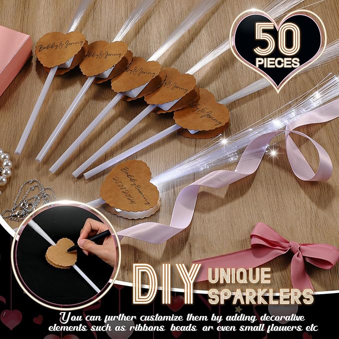 Tujoe 50 Pcs LED Wedding Sparklers Glow Sticks Heart Shape Long Fiber Optic Wands with 3 Light Modes for Send Off Reception Valentine Proposal Carnival Birthday Party Supplies Dance Floor Prop (Brown)