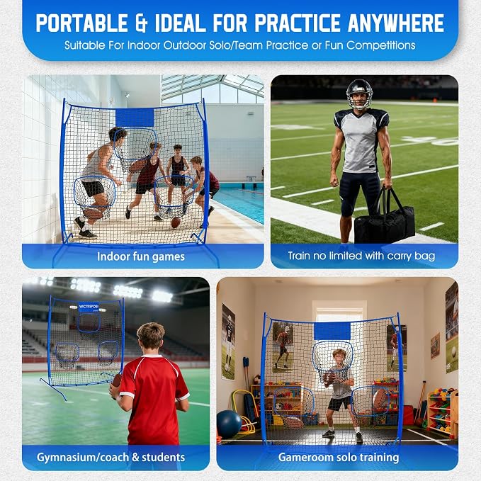 Football Throwing Net, Upgrade Heavy Duty Metal Frame Quarterback Training Equipment Throwing Machine with 1-4 Targets, Easy Setup Football Target Practice with CarryBag, Allweather Indoor Outdoor Use