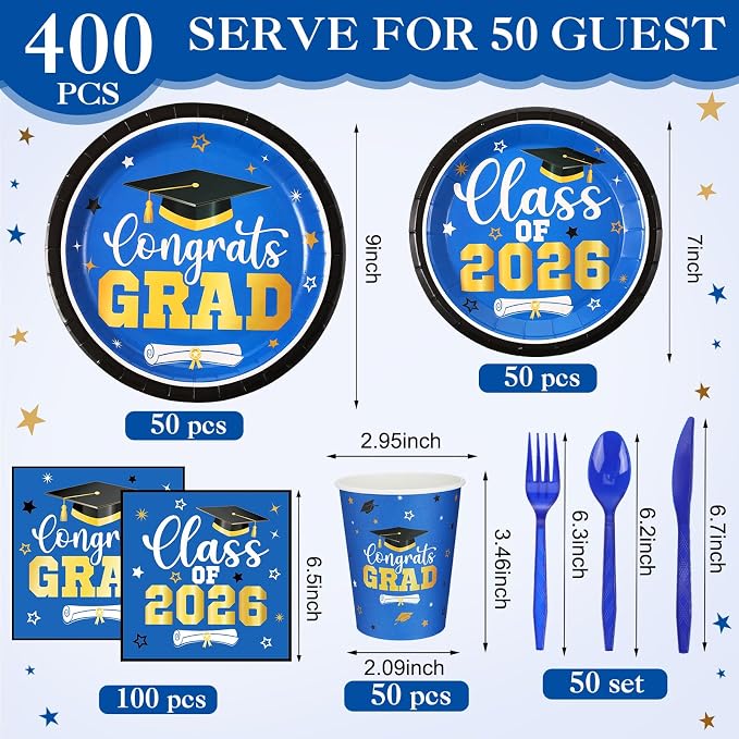 Funnymoom 400 Pcs Graduation Party Supplies Class of 2026 Graduation Paper Plate Napkin Cup Cutlery Congrats Grad Disposable Tableware Set for Grad Party Decorations, Serve 50(Blue, Gold)