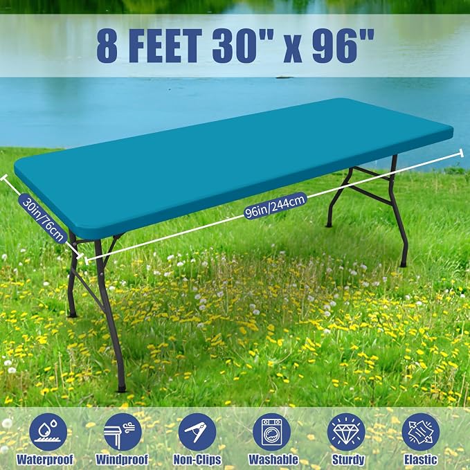 Moosfor Spandex 8 Foot Rectangle Table Cloth 4 Pack, Elastic Fitted Tablecloths for Picnic, Stretch Washable Patio Table Cover for Outdoor, Camping, Banquet and Parties (Turquoise, 30"x96")