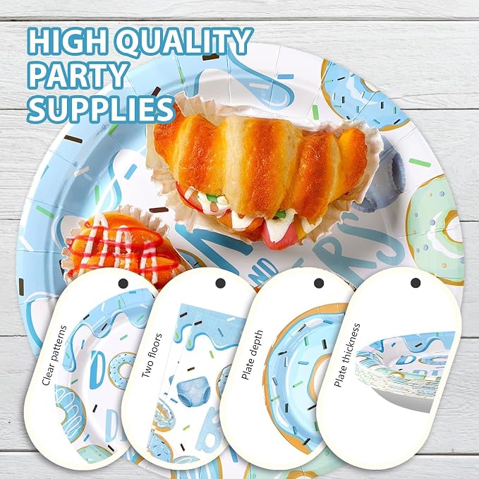 96Pcs Donut Baby Shower Decorations for Boy Blue Donut Party Plates and Napkins Disposable Donuts and Diaper Paper Tableware Set for Boys Donuts Theme Baby Shower Party Supplies, Serves 24