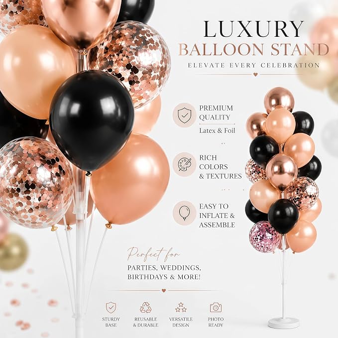 Hiins Balloon Column Kit Set of 2 With Balloons Included - with Base,Pole,Balloon Tower Backdrop Decoration for Wedding, Baby Shower,Birthday Party,Bachelorette Parties (3xRose Night Black)