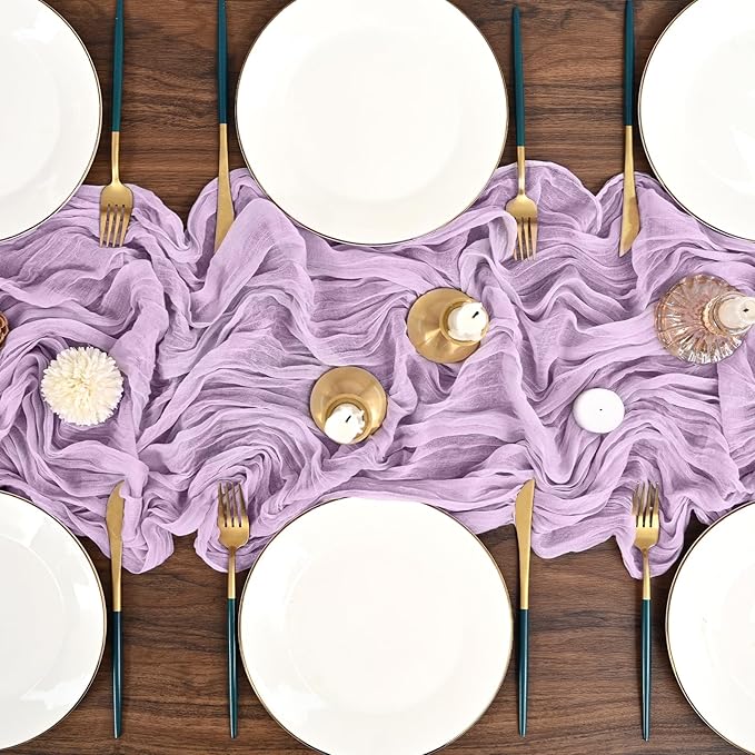 24 Pack Lavender Cheesecloth Table Runner,10FT Boho Gauze Tablerunner,35x120inch Rustic Table Runners for Wedding Party Bridal Shower Thanksgiving Christmas Boho Table Decoration