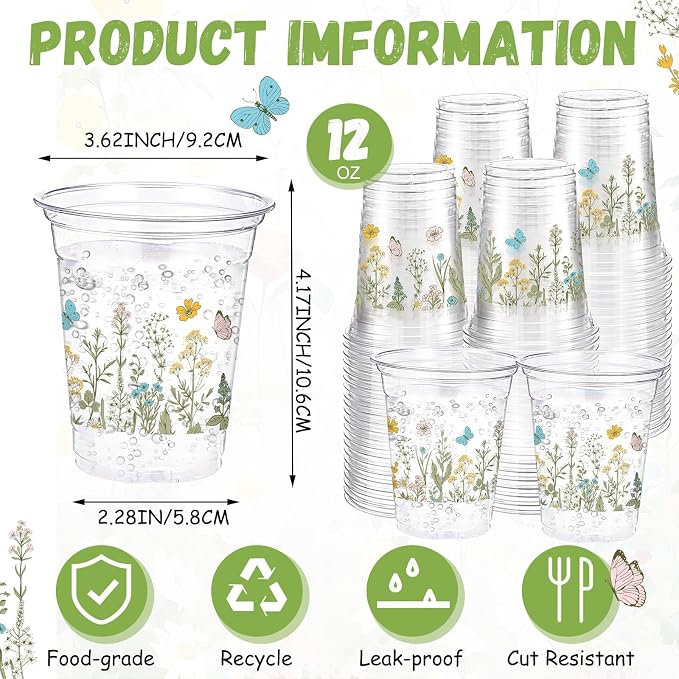 Funnymoom 60 Pack Wildflowers Plastic Cups 12 oz Floral Botanical Disposable Clear Plastic Drinking Cups for Summer Spring Birthday Wedding Bridal Baby Shower Party Decoration Supplies