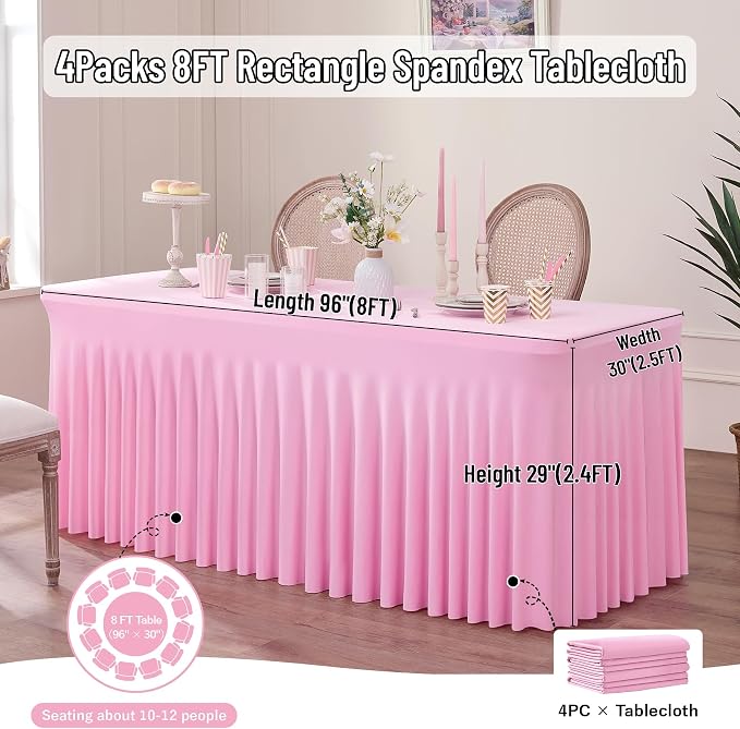 Outpain 8ft Spandex Table Cloth for Standard Folding Tables-4Pack Baby Pink Table Cloth Table Protector for Party, Wedding, Cocktail, Banquet, Festival