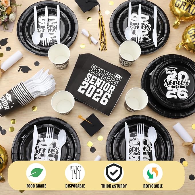 Yungyan 252 Pcs Senior 2026 Graduation Party Tableware Set Black and White Class of 2026 Grad Paper Plates Napkins Cups Forks Knives Cutlery for Graduate Party Decorations Supplies,Serve 36