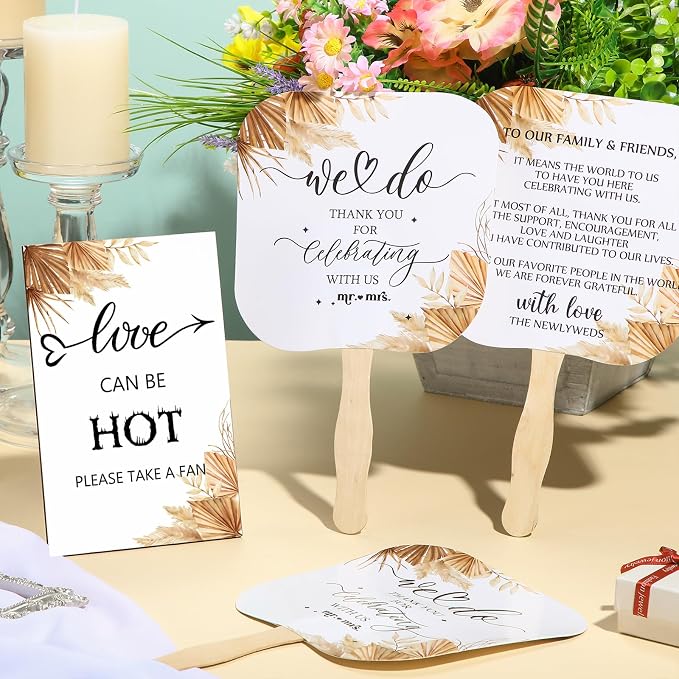 Fumete Wedding Favors for Guests 50 Pcs Wedding Fans and 1 Pc Table Sign Portable Paper Fan with Wooden Handle Hand Fan for Bridal Shower Party Favor Appreciation Gift(Boho)