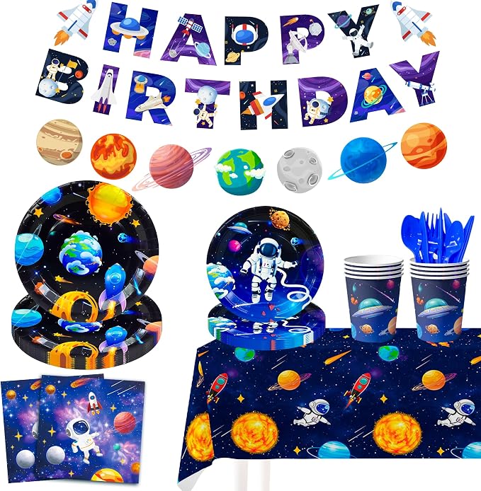Space Party Tableware for 24 Guests, Outer Space Birthday Party Supplies, Space Party Plates Napkins Tablecloth Banner Garland etc Outer Space Tableware for Space Birthday Party Decorations