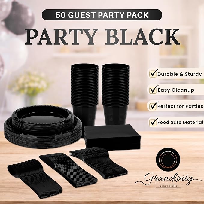 Grandipity 350 Piece Black Dinnerware Set, 50 Guests Plastic Party Plates, Cups, Napkins, Forks, Knives & Spoons
