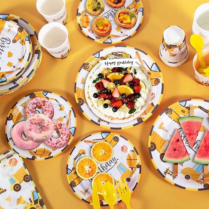 Cecnamt Construction Birthday Decorations, 170 Pcs Construction Birthday Party Supplies Including Banner, Plates, Cups, Napkins, Cutlery and Tablecloths, Serves 24