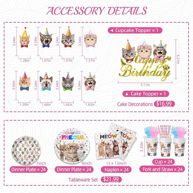 Cat Birthday Decorations, Cat Party Supplies with 9" & 7" Plates, Napkins, Tablecloth, Cake Topper, Pre-assembled Banner & Honeycomb Centerpieces for Cat Themed Birthday Party Decorations