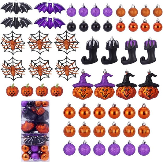 56pcs Halloween Hanging Ornaments for Tree Decorations, Shatterproof Plastic Hanging Halloween Ball Pendants with Pumpkin, Witches Hat Signs, Halloween Tree Decor Party, Holiday, Home (Multi New)