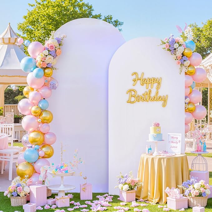 7.2FT 6FT Arch Backdrop Cover for Party, Set of 2 Stretchy Spandex Fitted Arch Stand Cover for Baby Shower, Birthday Wedding Decor, Chiara Backdrop Cover with Double-Sided Design(Silver, White)