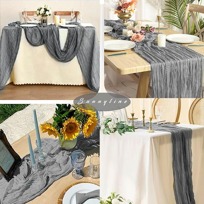 6 Pcs Gray 35 x 120 Inches Long Cheesecloth Table Runner 10FT Runner for Tables Gauze Fabric Boho Table Runner Decoration Rustic Semi Sheer Runner for Wedding Baby Shower Birthday Party (Gray)