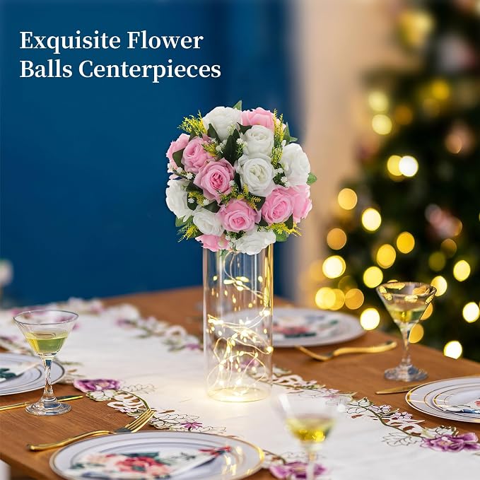 BLOSMON Flower Balls Wedding Centerpieces: 10 Pcs Pink White Fake Roses | 9.5 Inch Artificial Kissing Floral Balls Arrangements - Faux Flower Bouquet with Base for Home Party DIY Decorations