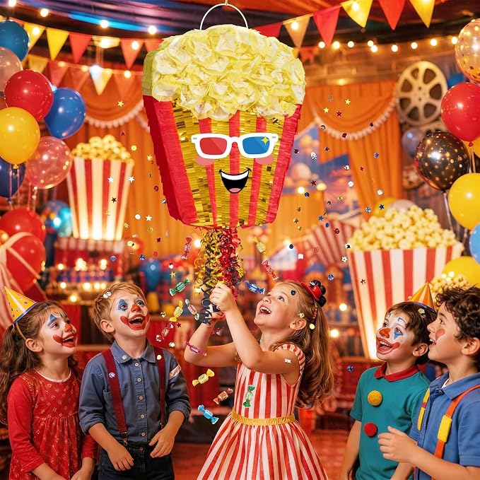 WERNNSAI Popcorn Piñata - Pull String Piñata with Stick and Blindfold, for Video Movie Night Holiday Celebration, Parties Carnivals Games Supplies (16.5"x12.4"x3")