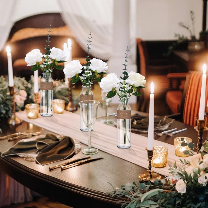 Qinyoung 10 Set Clear Glass Vase with Flowers Centerpieces 10 Clear Glass Jars 40 Artificial Plant with Rope Table Centerpieces for Wedding Rustic Baby Shower Party Farmhouse Home Decoration