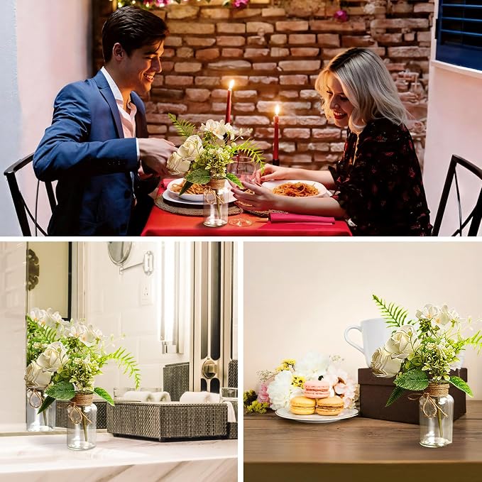 6-Pc Mason Jar Centerpieces for Tables with Artificial Roses – Farmhouse Wedding & Bridal Shower Table Decoration for Party Event Kitchen Bathroom Living Room（8.45oz