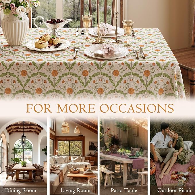 Block Print Thick Linen Tablecloth for Rectangle Tables, Waterproof Wipeable Decorative Table Cover for Dining Kitchen Indoor Outdoor, 55" x 79", 4-6 Seats