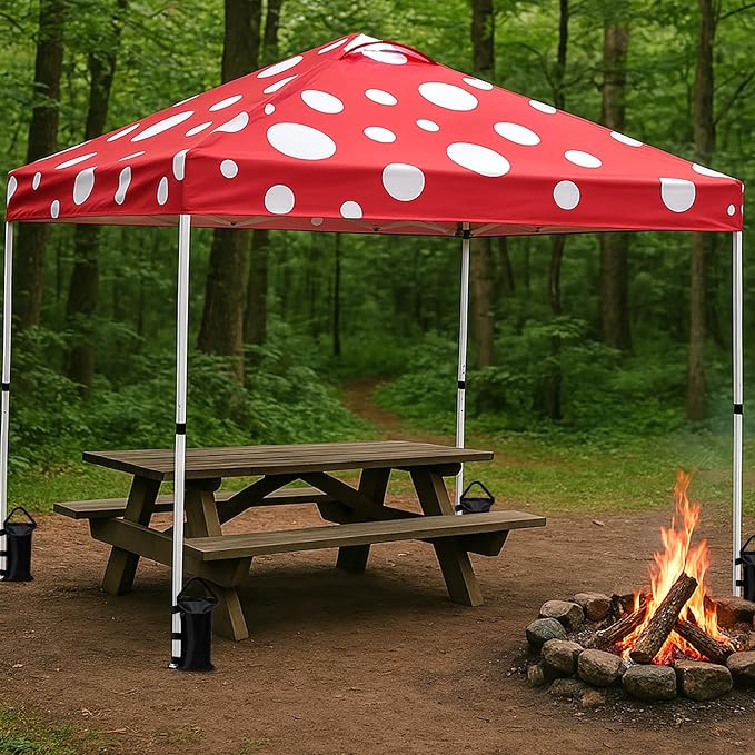 EAGLE PEAK Pop Up Canopy Tent with Wheeled Carry Bag, 8 Stakes, 4 Ropes, 4 Weight Bags, Easy Set Up Tent Canopy, 10x10 ft, 100sqft of Shade, Red Mushroom