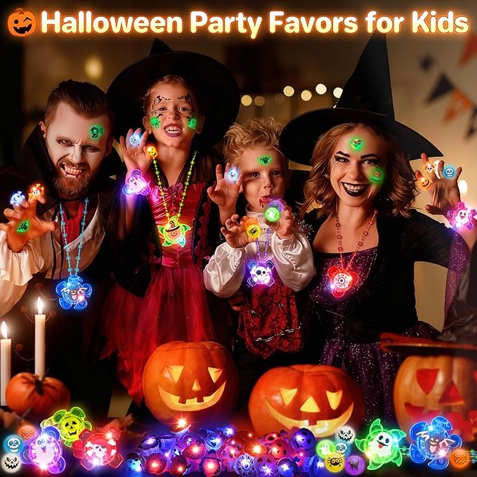 Halloween Party Favors for Kids,72 PCS Halloween Glow in the Dark Toys Bulk with Spin Necklace,Light Up Rings,Spin Bracelets,Halloween Goodie Bag Fillers Basket Stuffers Gift for Kids Trick or Treats