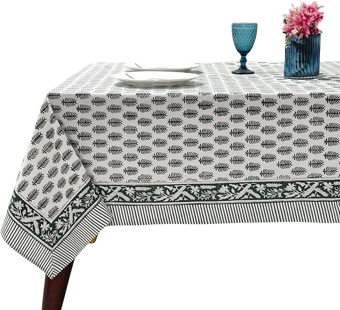 Ridhi Emerald Green Hand Block Print Cotton Rectangle Tablecloth 102" x 48" inches Reusable Table Cover Decorative Everyday Use for Dining Room, Farmhouse, Home Gift for Spring, Mother's Day