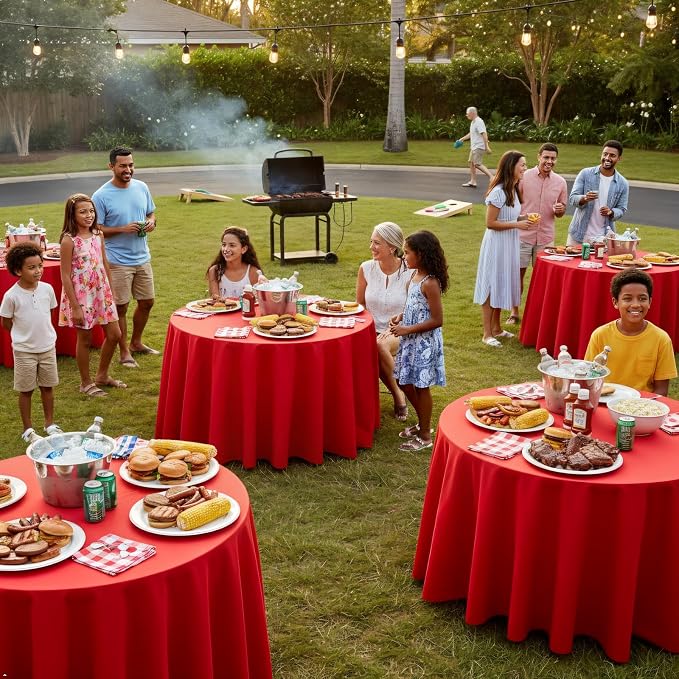 8 Pack Red Round Tablecloth 120 Inch Round Table Cloth, Wrinkle Resistant and Washable Tablecloth Polyester Fabric Table Cloth Round Cover for Dining Wedding Banquet Party