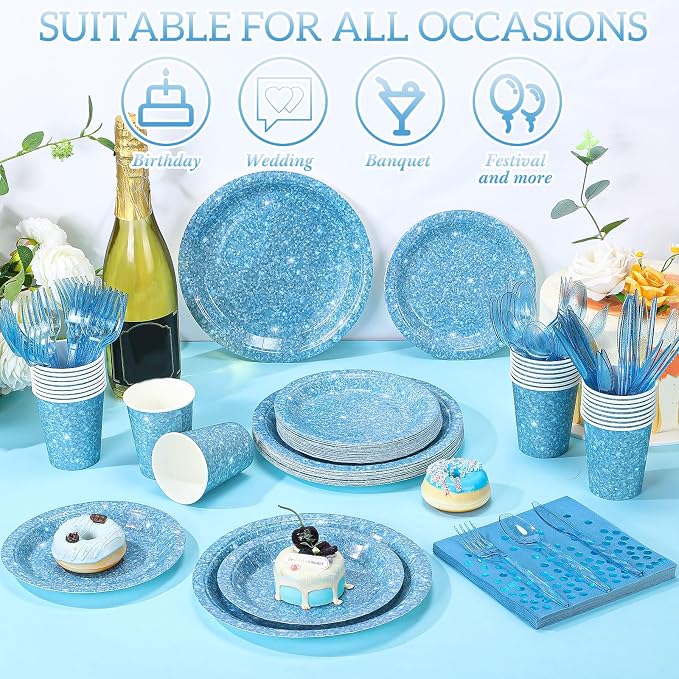 Hushee 350 Pcs 50 Guests Light Blue Paper Party Plates and Cups Napkins Sets Holographic Glitter Disposable Dinnerware Plastic Forks Knives Spoons Birthday Bachelorette Wedding Party Supplies