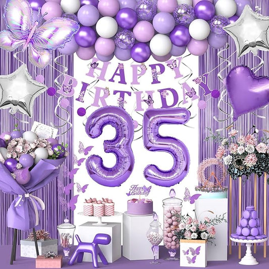 35th Purple Birthday Decorations for Women, Purple Pink 35th Birthday Decorations Butterfly Theme Lavender Party Decor Set with Number Balloons, Banner, Sash, Butterfly Stickers